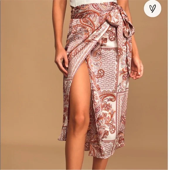 NEW Lulu's Satin Take A Walk With Me Paisley Wrap Front Midi Slip Skirt Medium - Picture 2 of 11